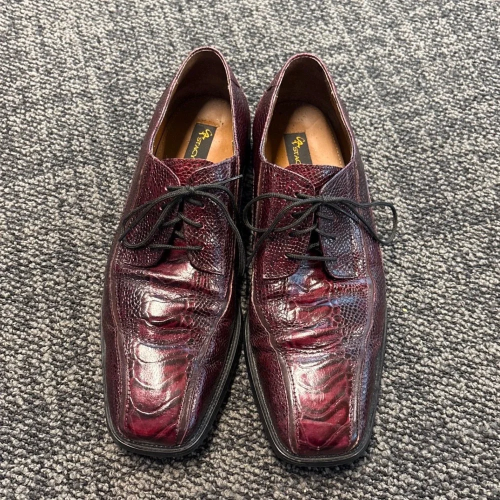 Stacy Adams Mens 11M Burgundy Ostrich Lizard Print Leather Dress Shoes 23139-05